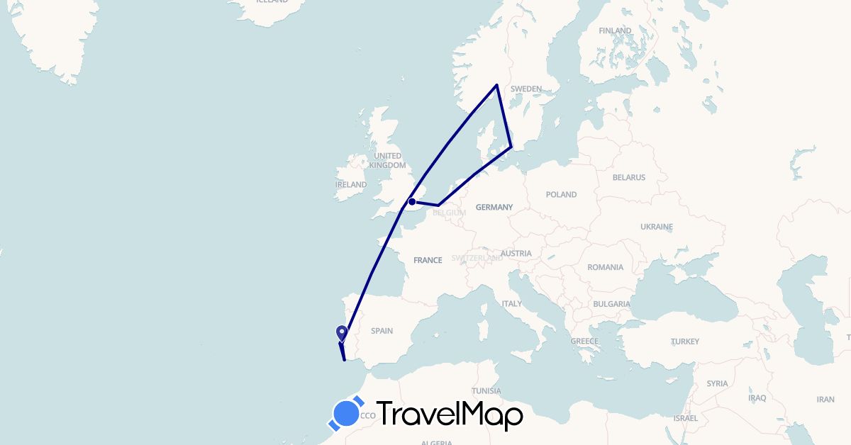 TravelMap itinerary: driving in Belgium, Denmark, United Kingdom, Norway, Portugal (Europe)